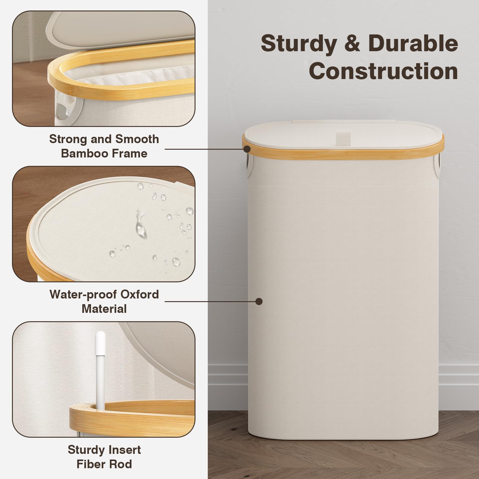 Bathola beige laundry bin fits narrow spaces, enhancing bedroom aesthetics.