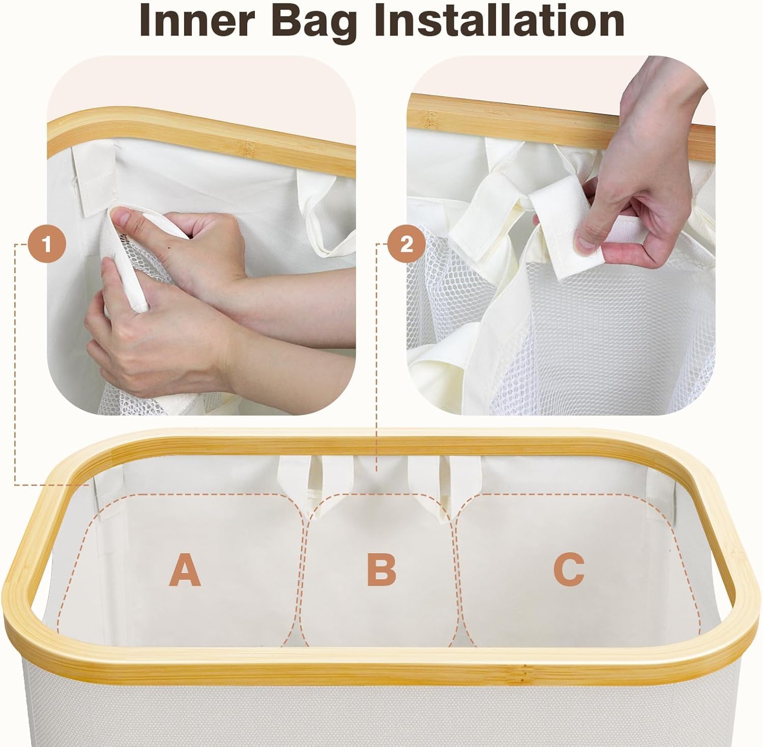 Bathola three-section hamper with removable bags for pre-sorting clothes.