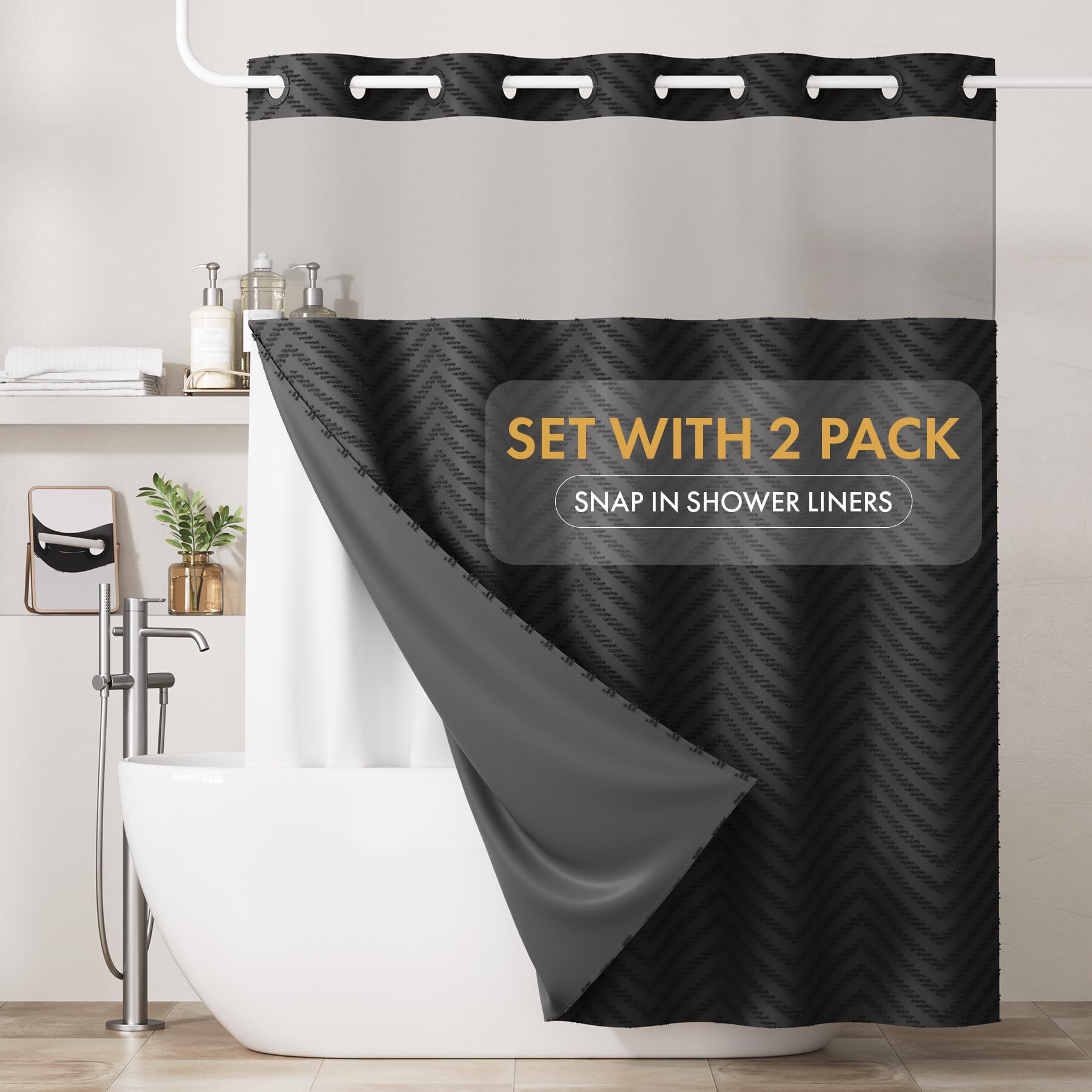 Bathway No Hook shower curtain with no-hook design for quick, tool-free updates.