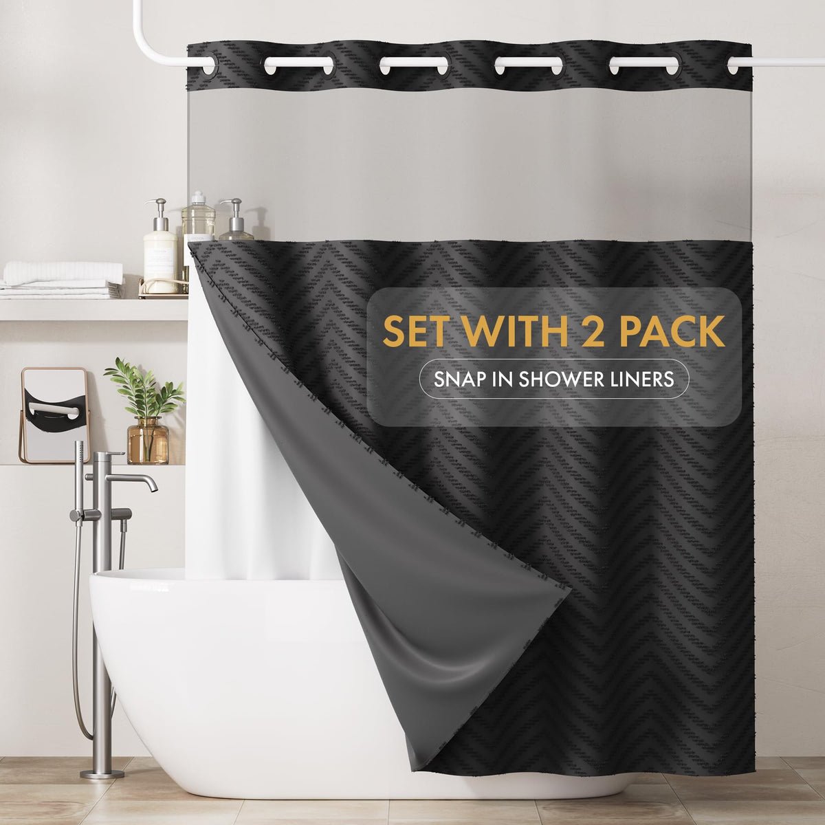Bathway No Hook shower curtain with no-hook design for quick, tool-free updates.