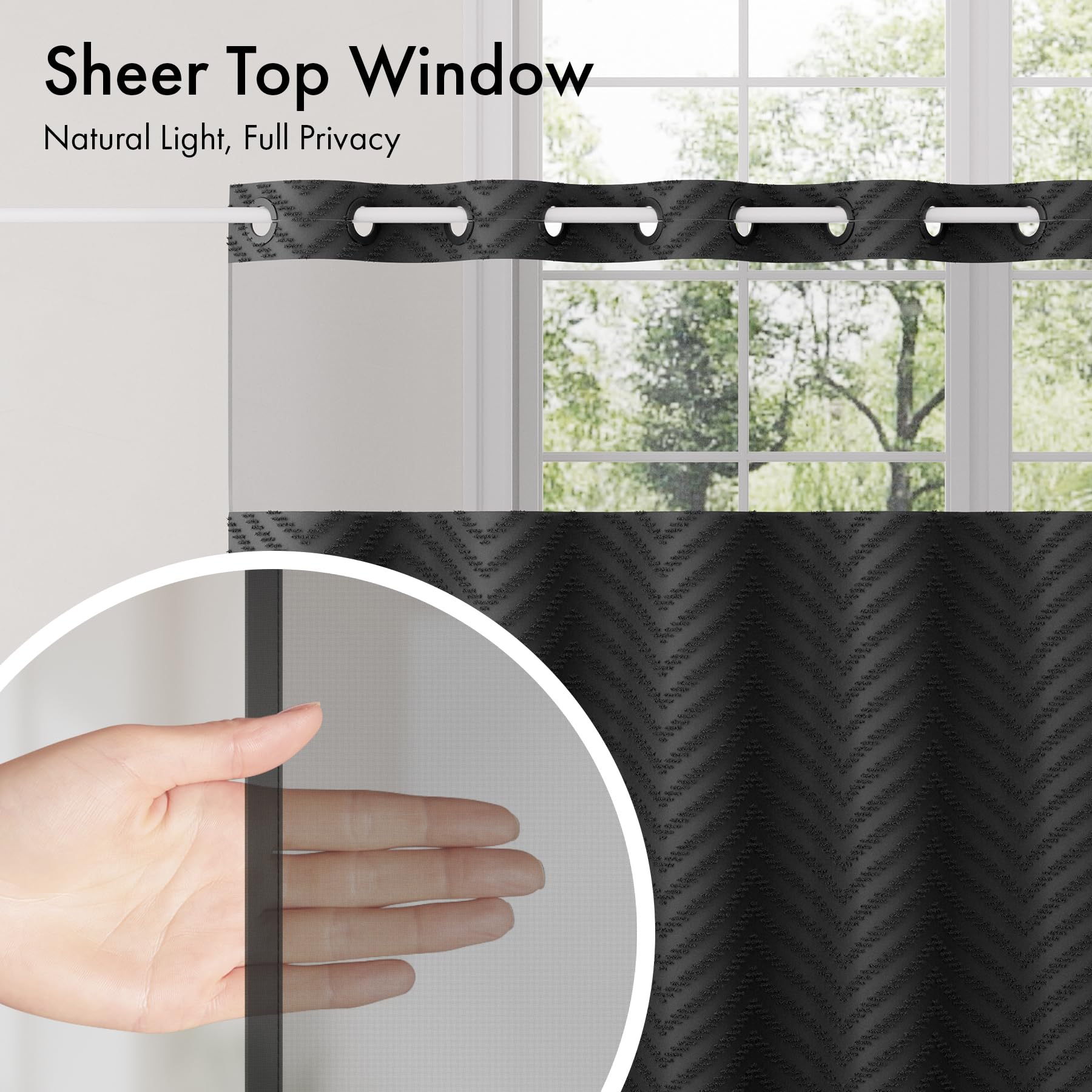 Bathway sheer top window adds light while preserving privacy.