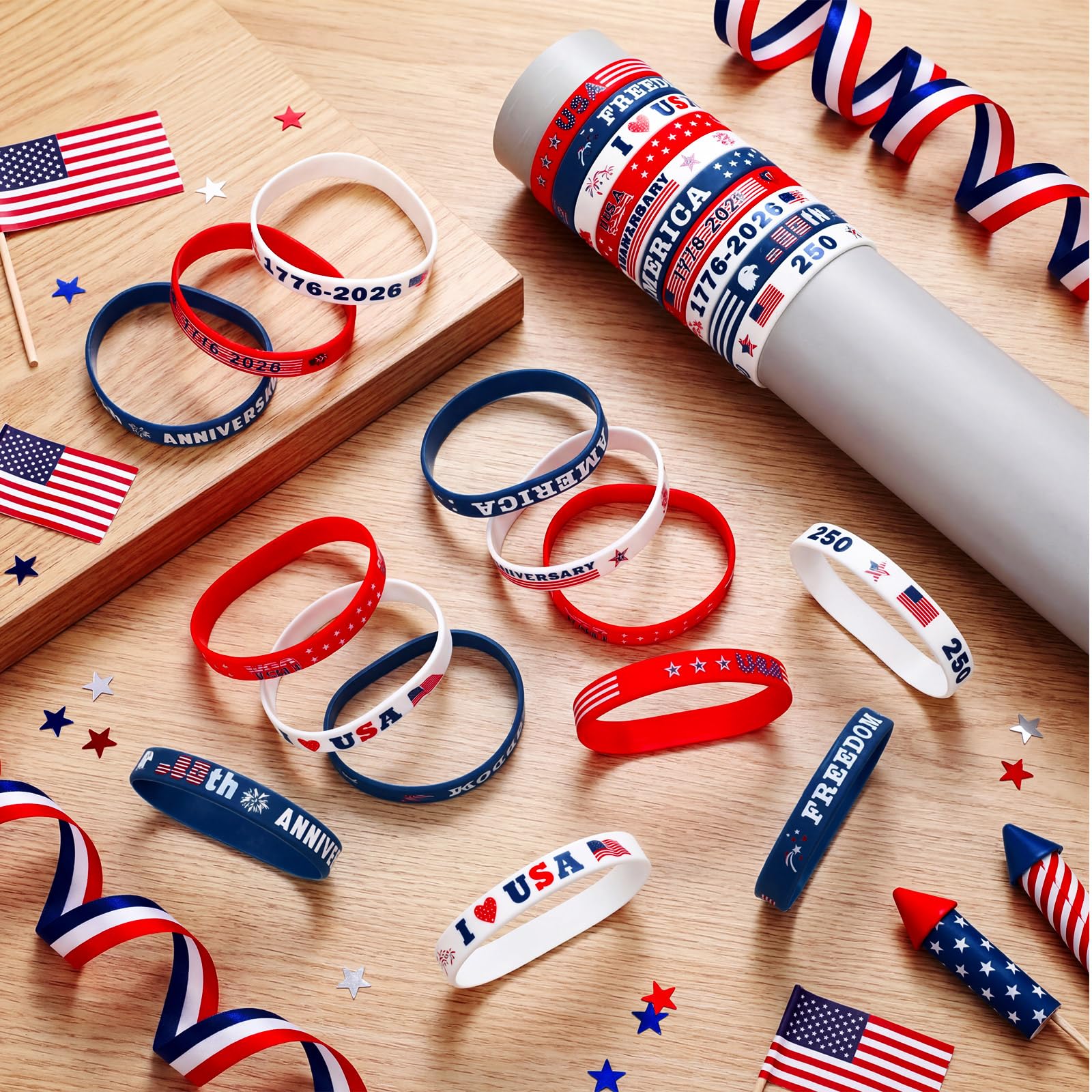 Batiyeer wristbands with 1776-2026 designs perfect as keepsakes.
