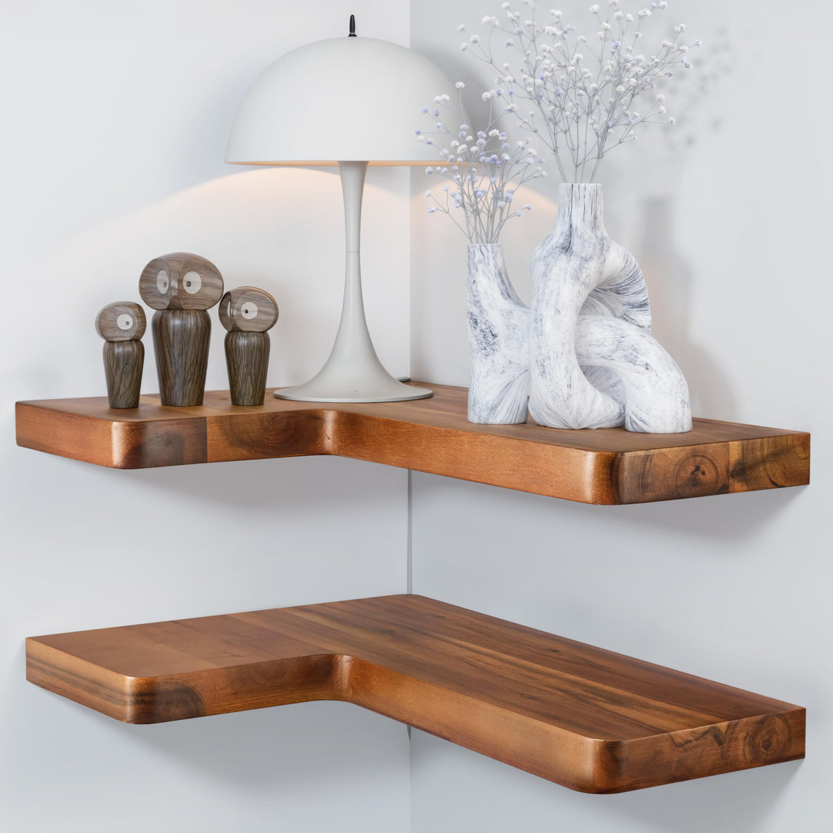 BATODA Acacia Wood Corner Shelf 17x12 mounted for stylish wall storage.