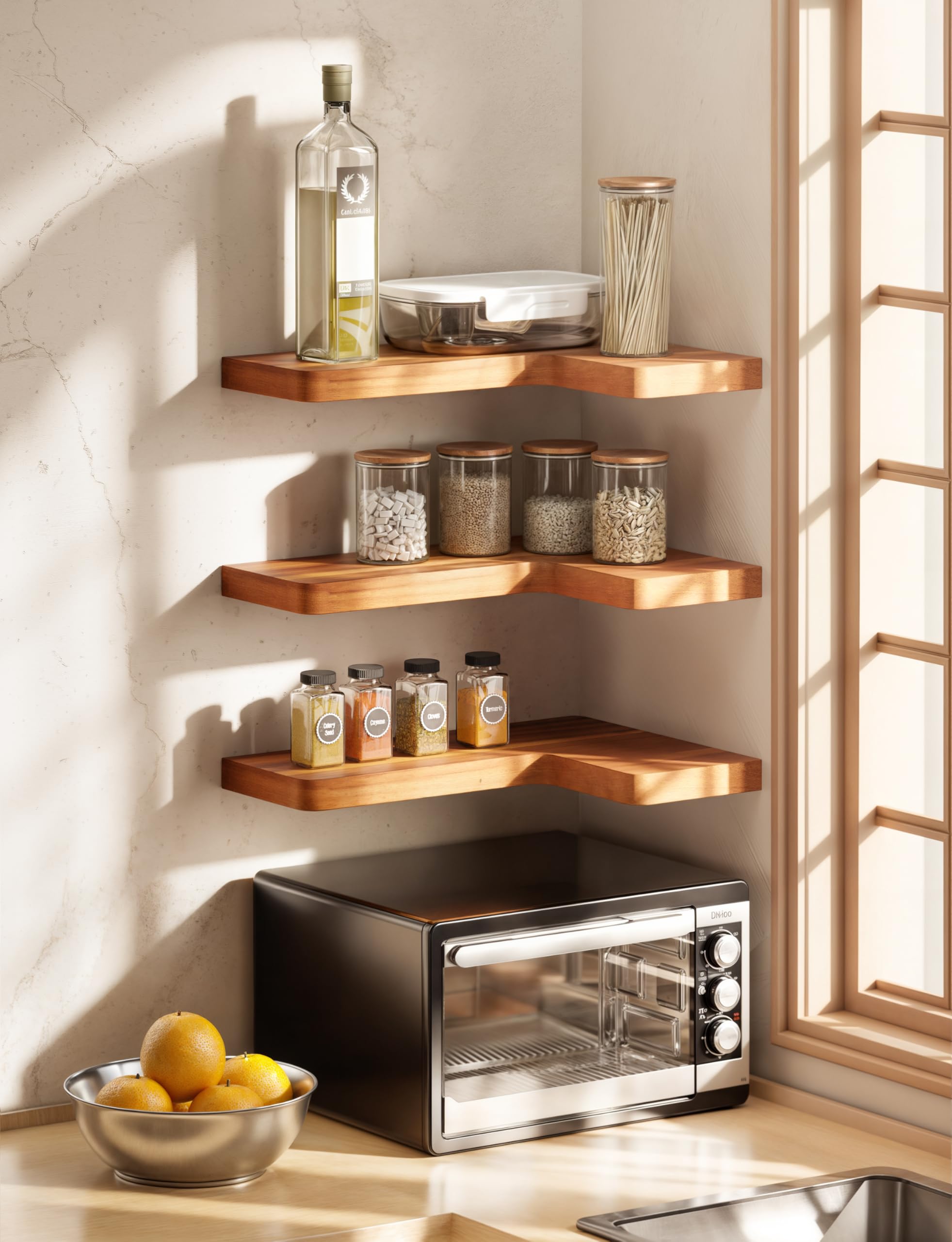BATODA Acacia wood shelf includes hardware for quick, sturdy wall mounting.