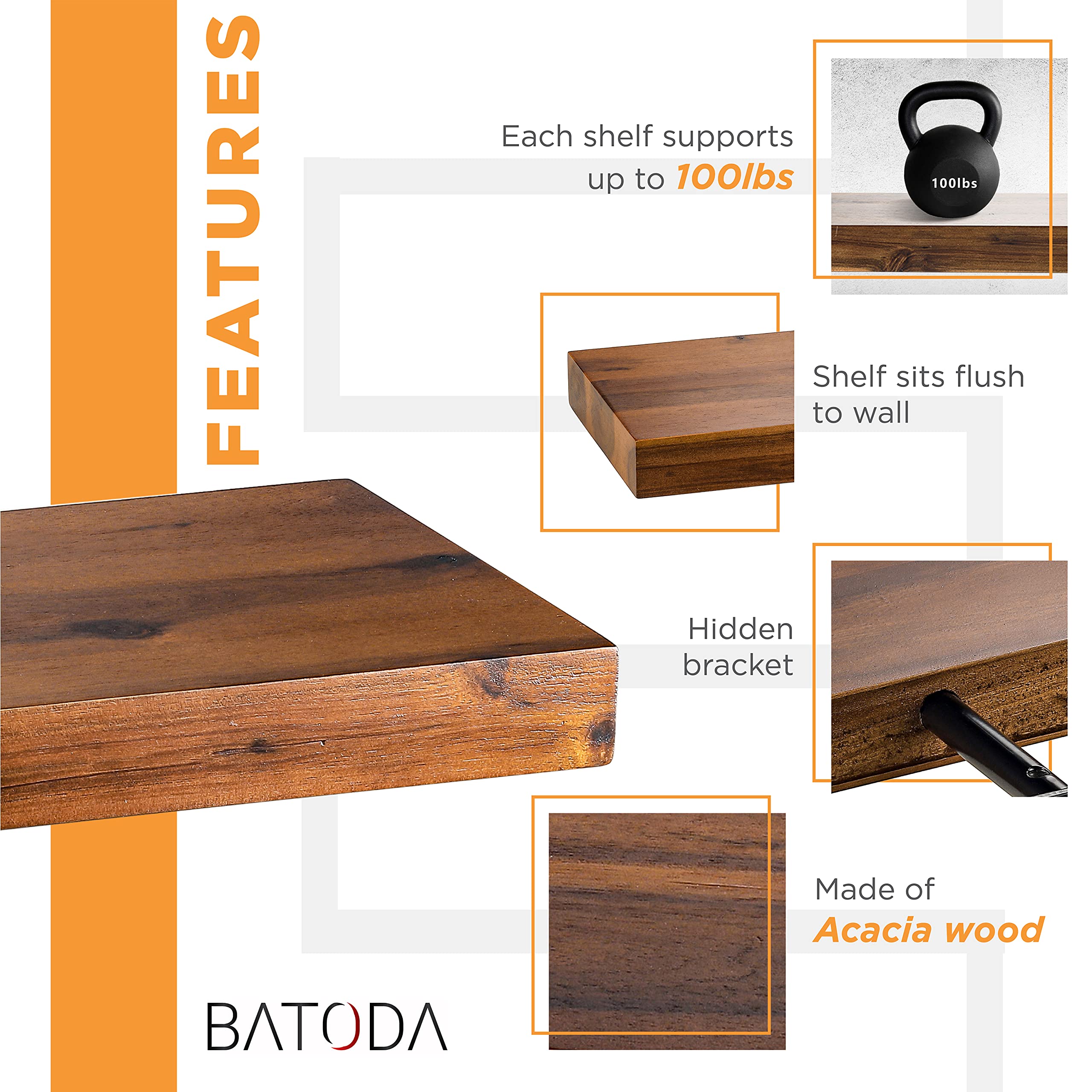 Rustic farmhouse vibe from BATODA acacia wood shelves