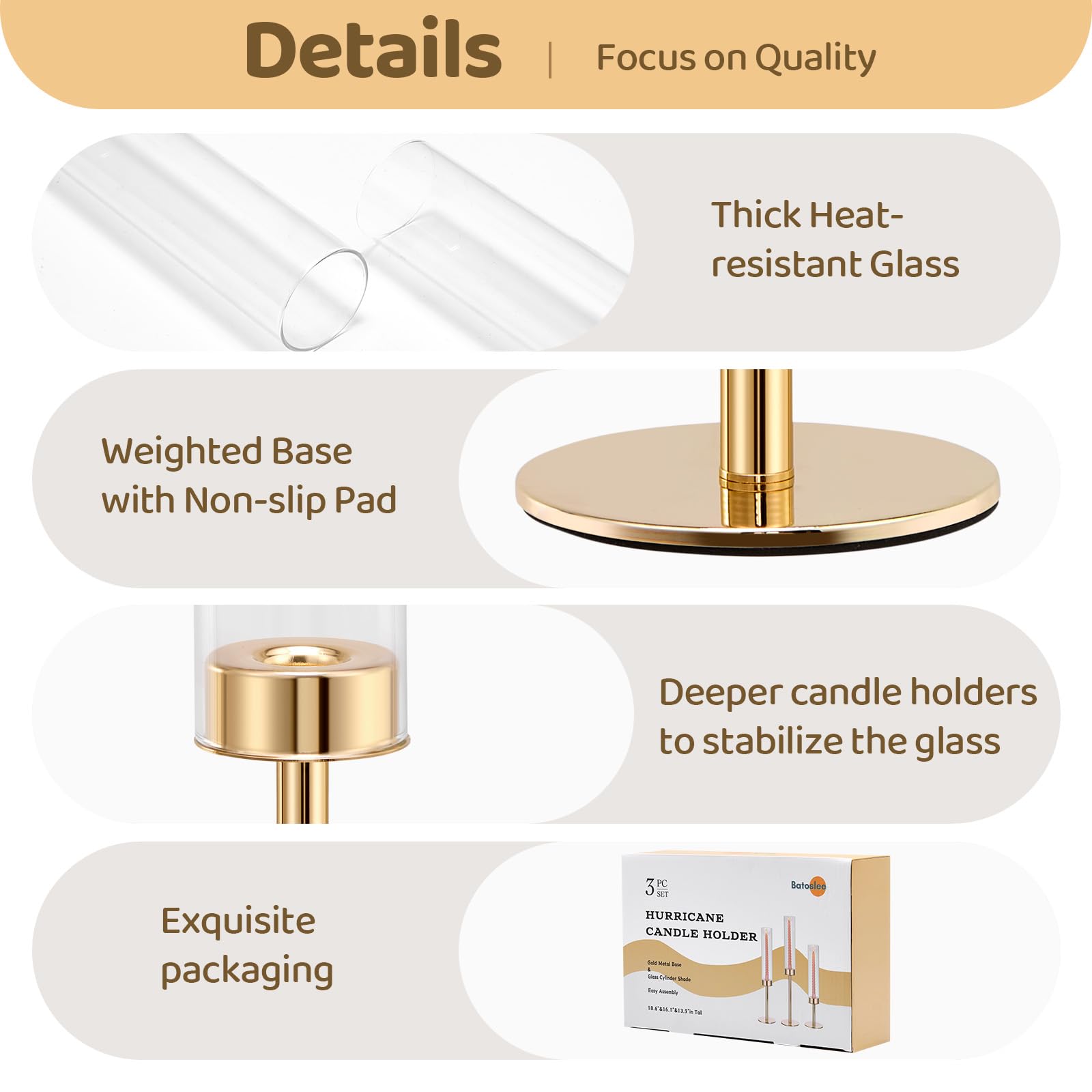 Batoslee gold hurricane candle holder 18-inch height as dramatic focal point