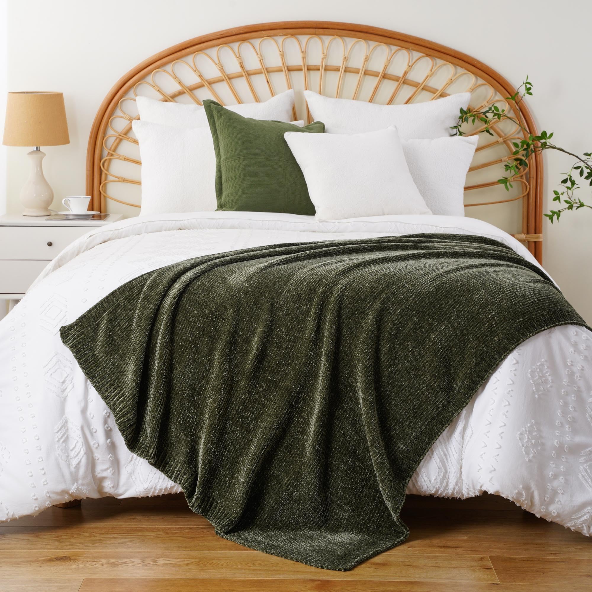 BATTILO HOME folded olive green chenille throw displaying texture