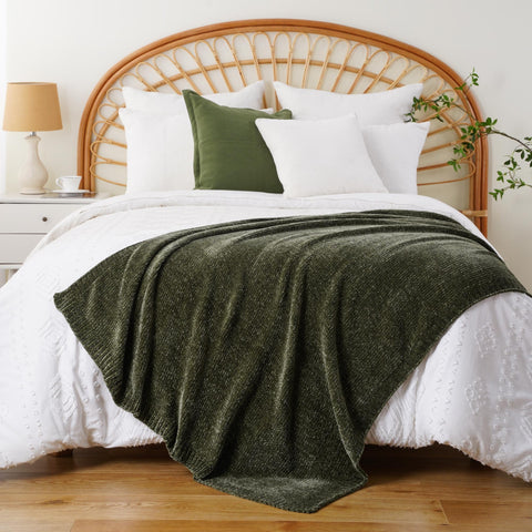 BATTILO HOME folded olive green chenille throw displaying texture