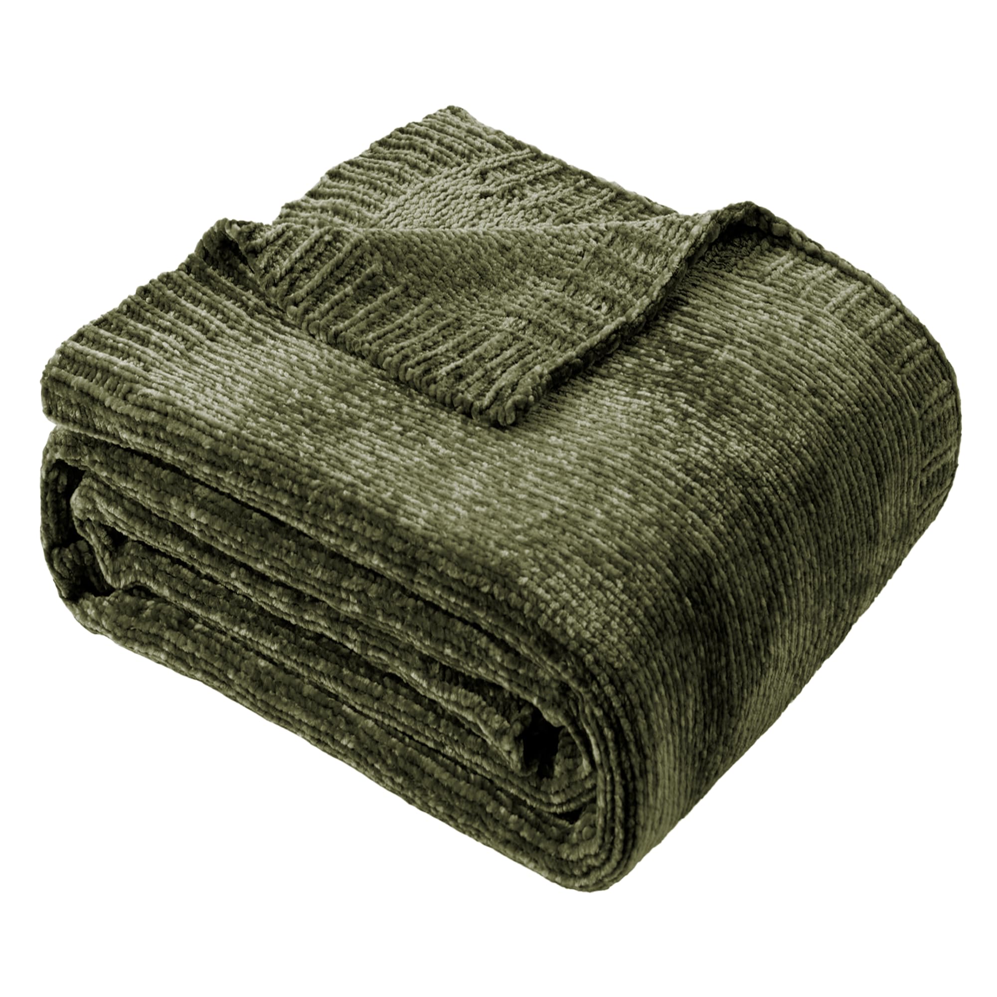 BATTILO HOME olive green chenille throw on sofa showing soft living room warmth