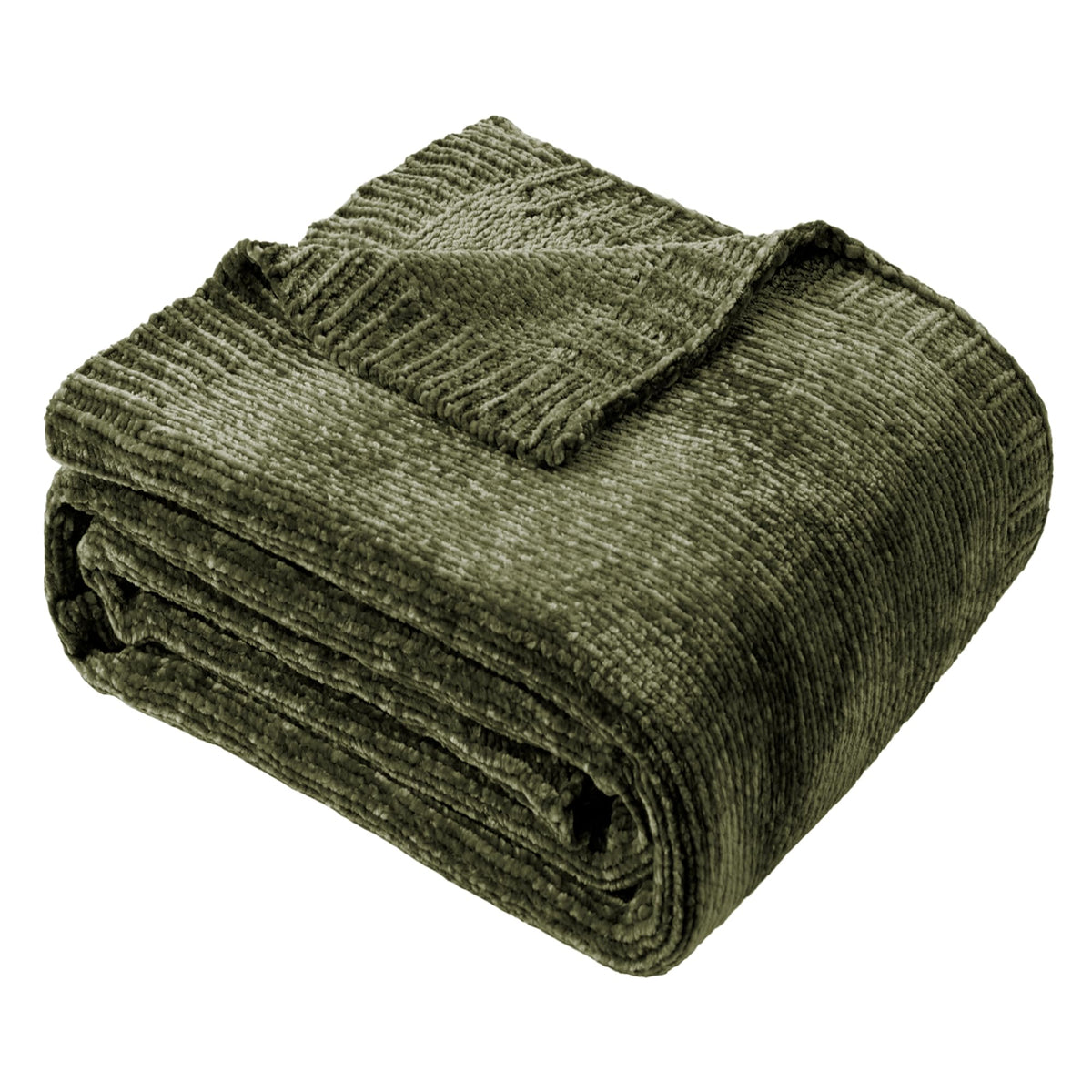 BATTILO HOME olive green chenille throw on sofa showing soft living room warmth