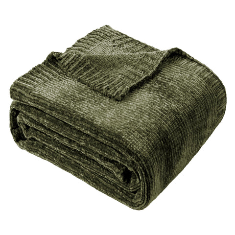BATTILO HOME olive green chenille throw on sofa showing soft living room warmth