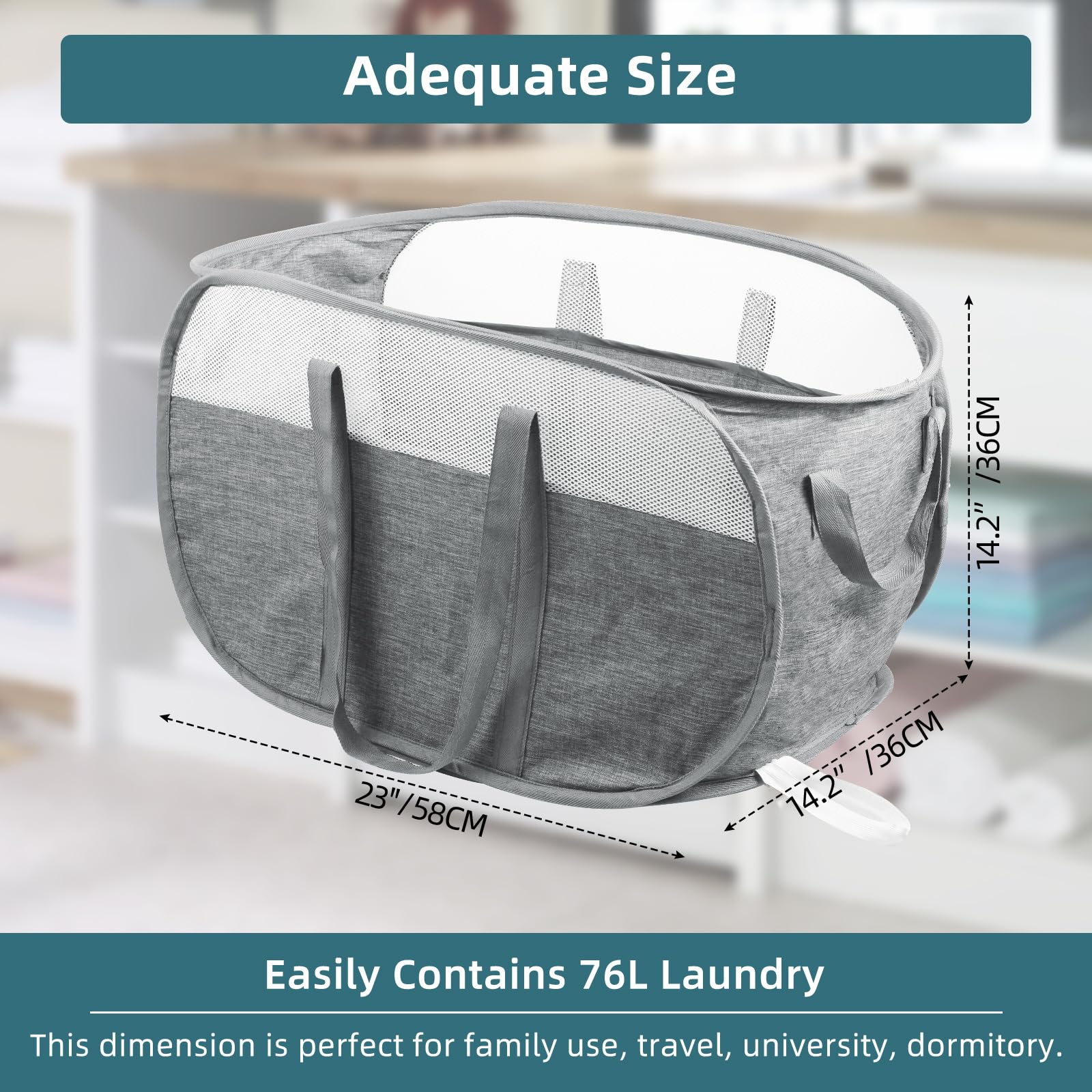 BATTOO collapsible laundry basket gray extended handles for easy transport