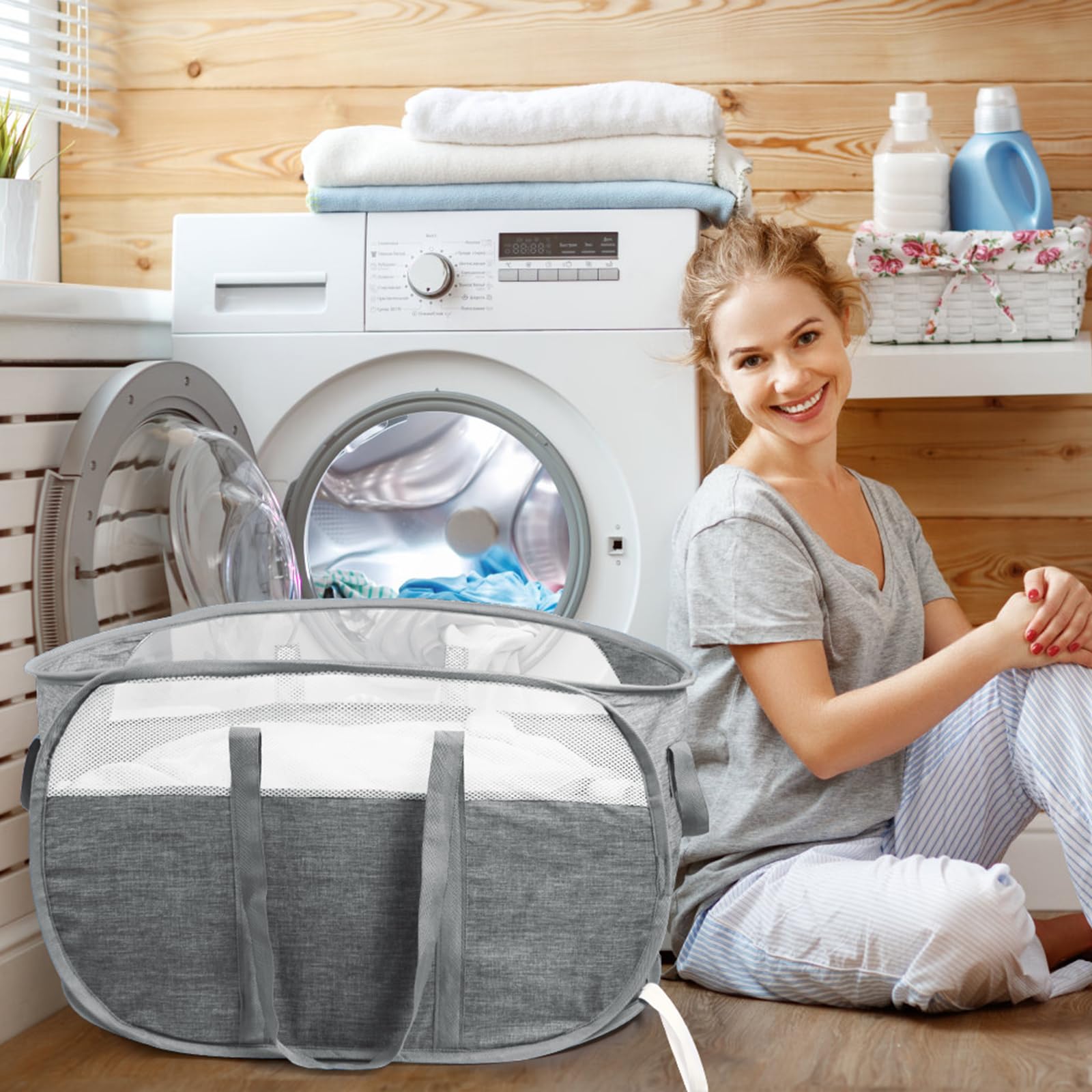 BATTOO collapsible laundry basket gray folded for compact storage