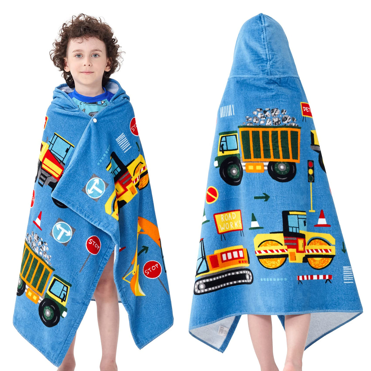 Bavilk kids hooded towel with cartoon animal print, ideal for beach time.