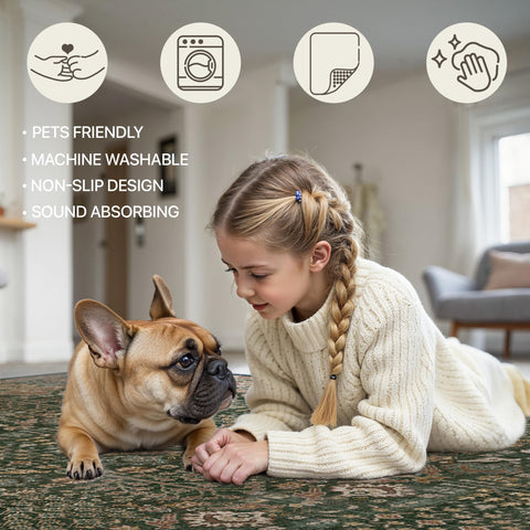 Bavni dining table-friendly rug stays in place during meals