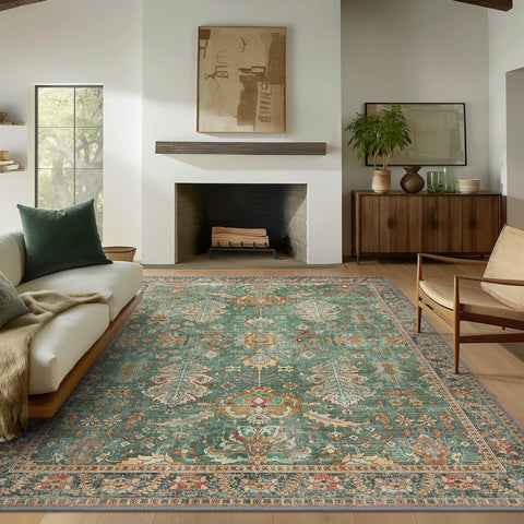 Bavni Washable 8x10 green boho rug with non-slip backing for stable placement.