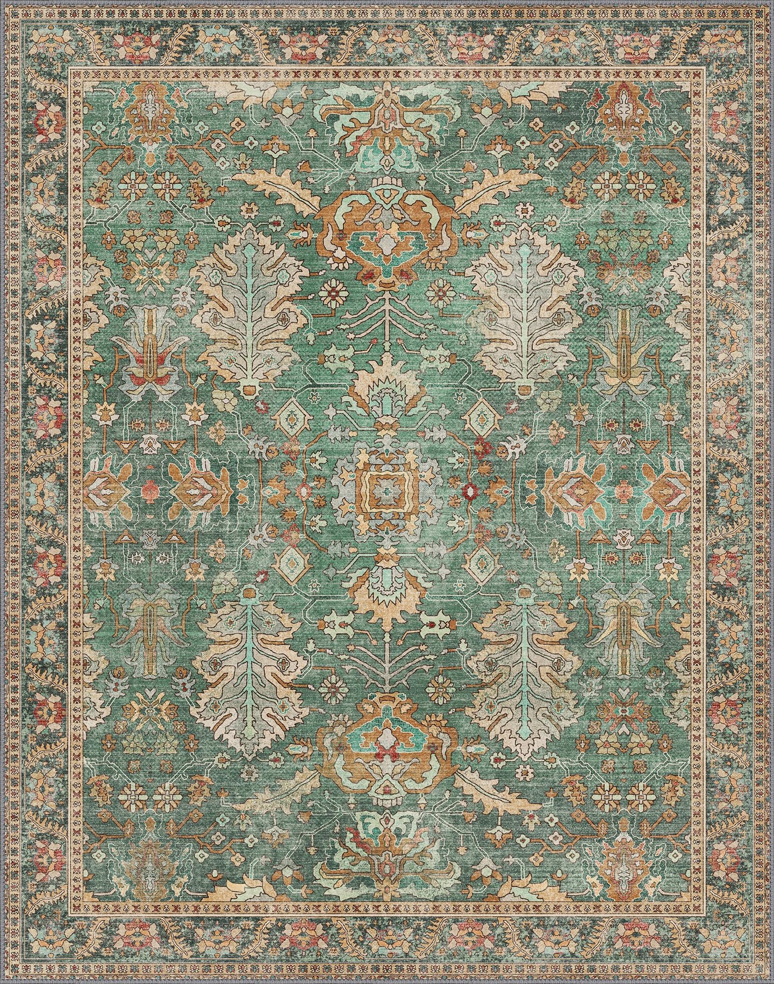 Bavni Washable 8x10 green boho rug, soft surface from recycled fibers.