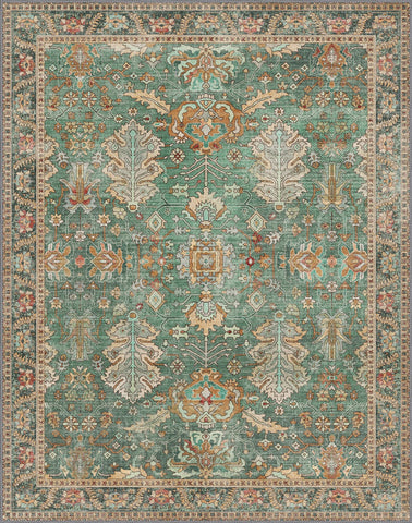 Bavni Washable 8x10 green boho rug, soft surface from recycled fibers.