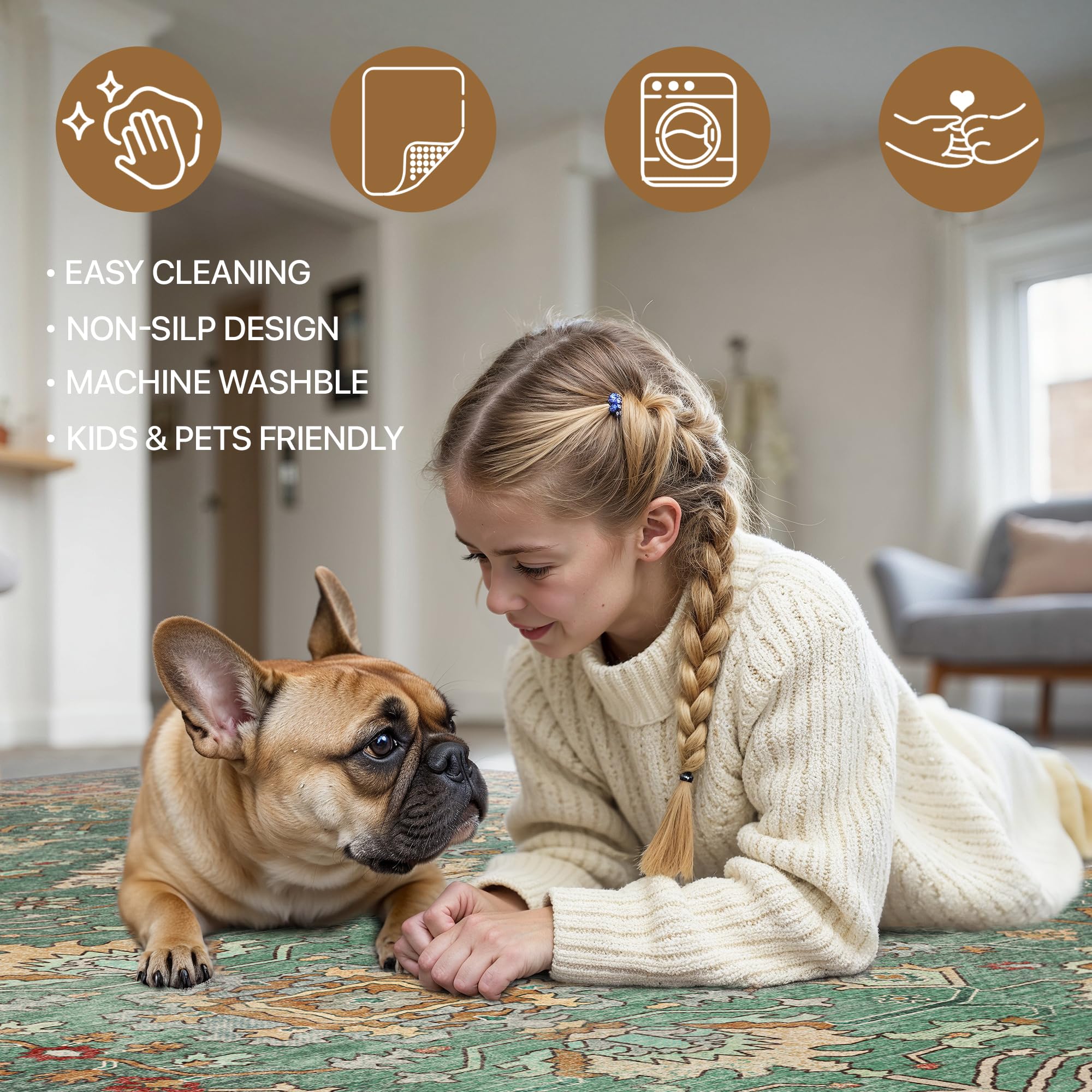 Bavni Washable 8x10 rug, lightweight and easy to move.