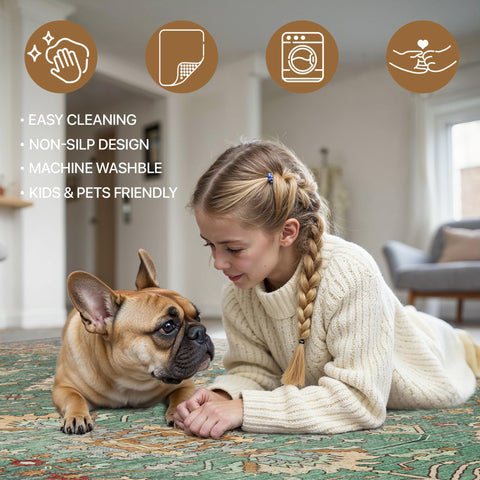 Bavni Washable 8x10 rug, lightweight and easy to move.