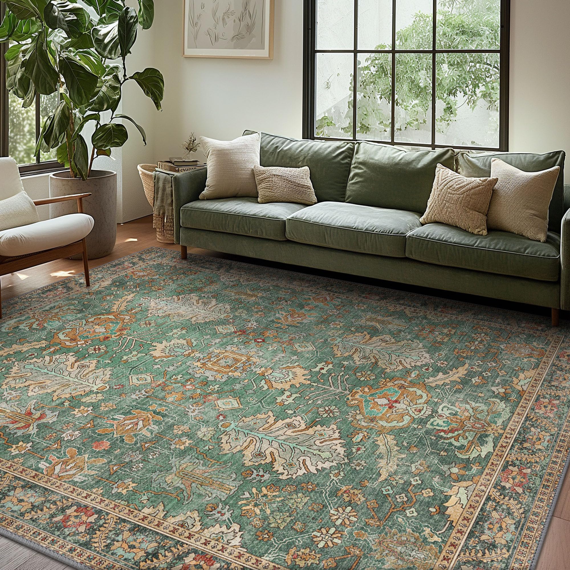Bavni Washable 8x10 green boho rug, easy cleaning for busy homes.
