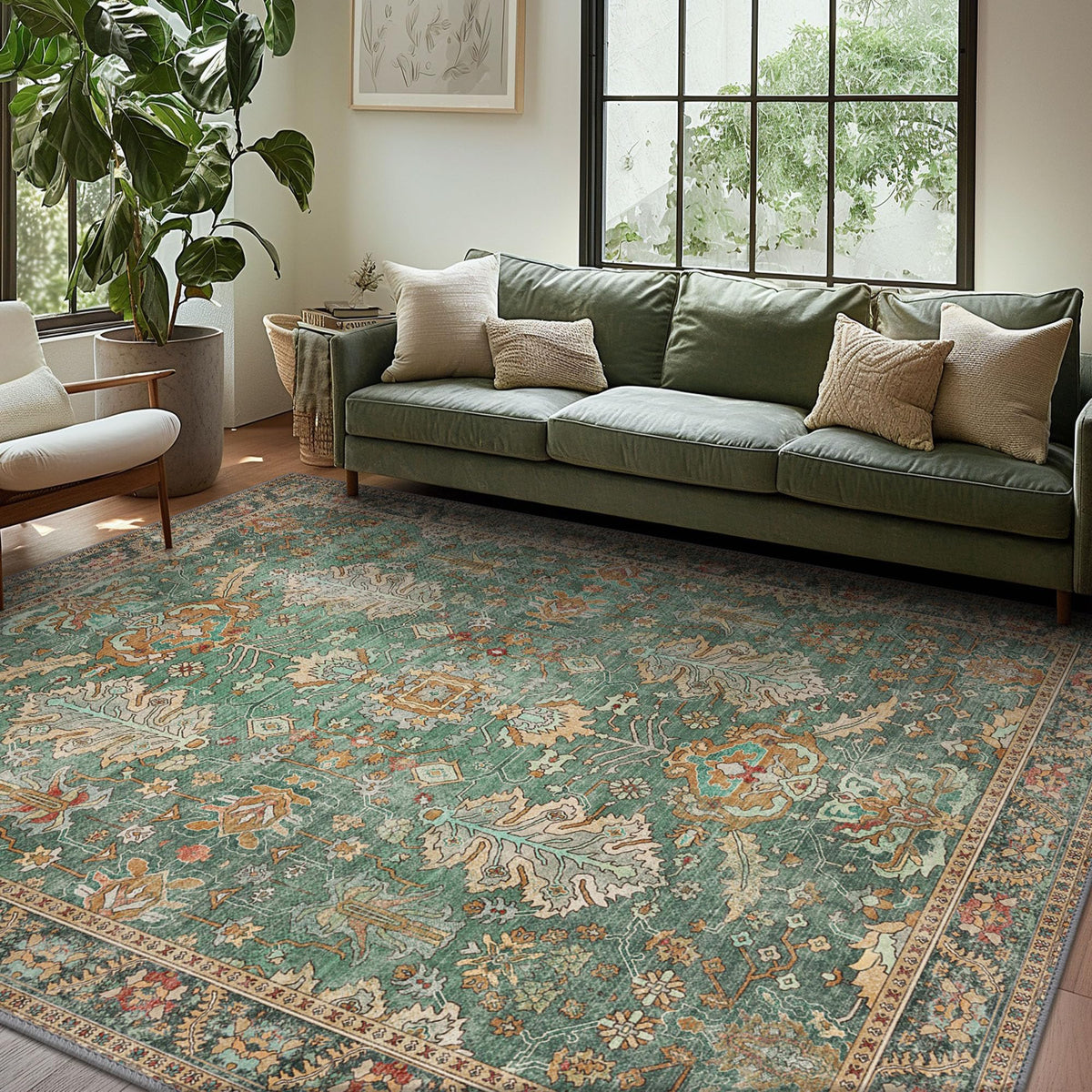 Bavni Washable 8x10 green boho rug, easy cleaning for busy homes.