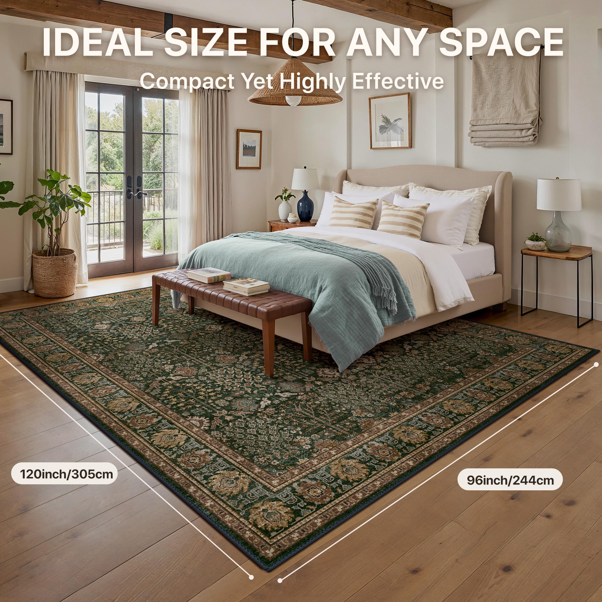 Bavni washable rug 8x10 dark green multi-tone color complements many interiors