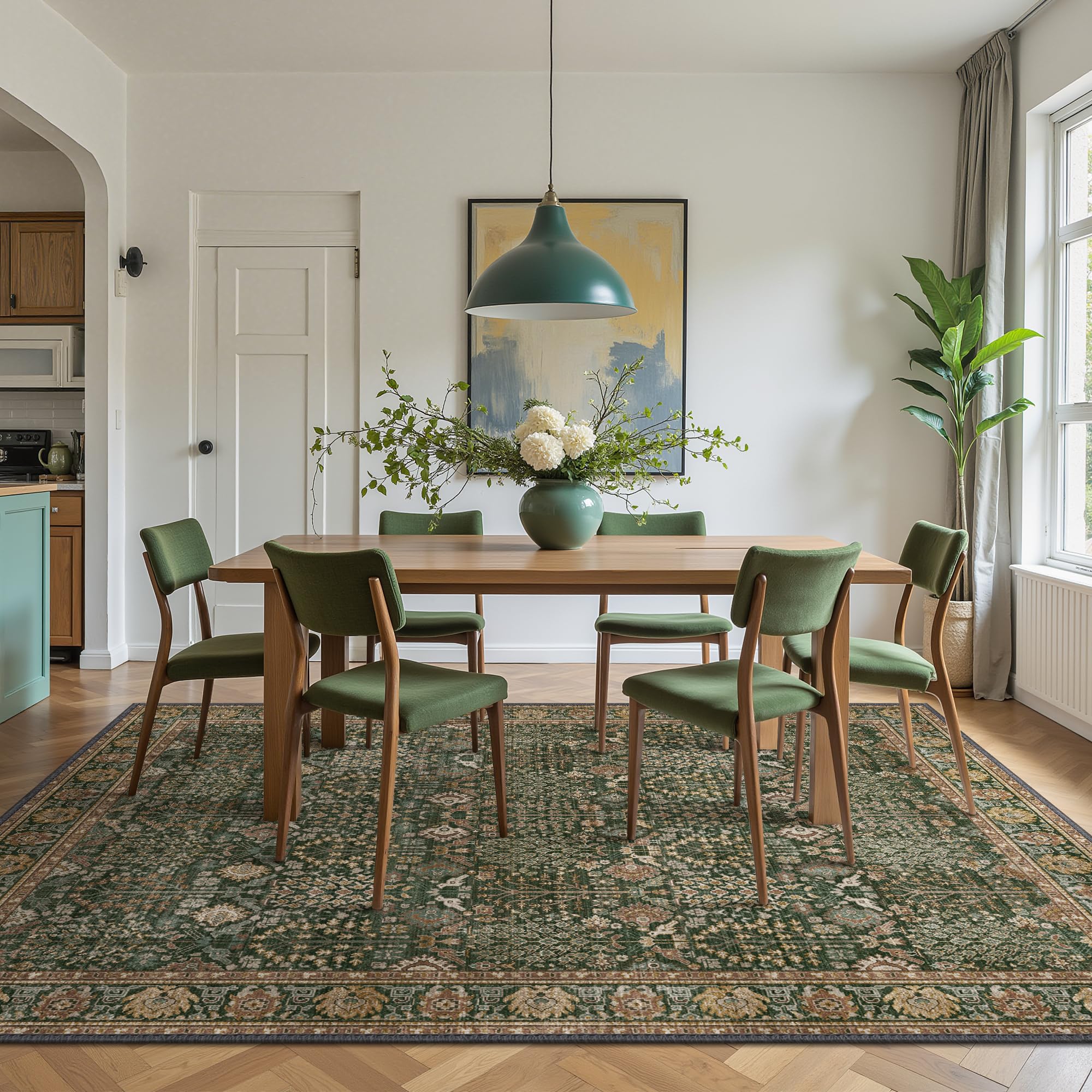 Bavni washable rug 8x10 dining-under-table setup demonstrates practicality and easy maintenance
