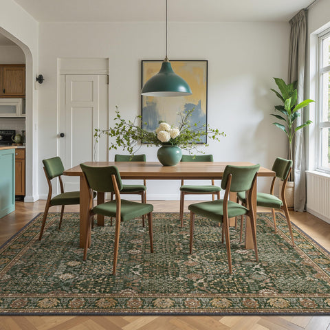 Bavni washable rug 8x10 dining-under-table setup demonstrates practicality and easy maintenance