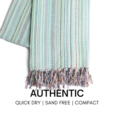 Bay Laurel sand-free towel for easy sand removal and bag cleanliness.