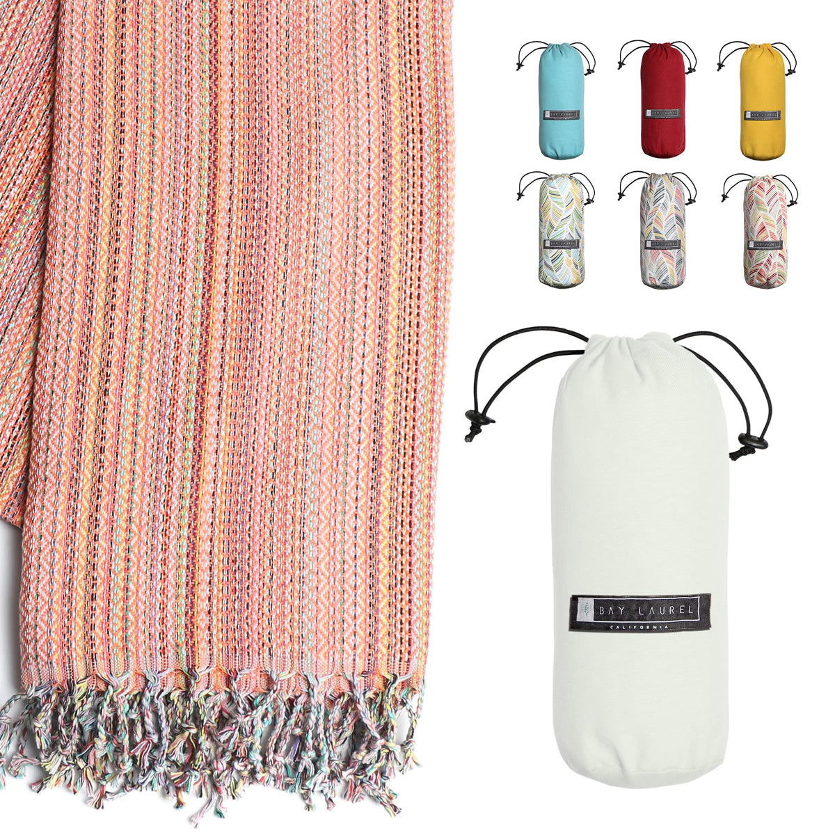 Bay Laurel Turkish Beach Towel with travel bag folded for easy packing