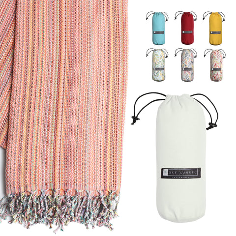 Bay Laurel Turkish Beach Towel with travel bag folded for easy packing