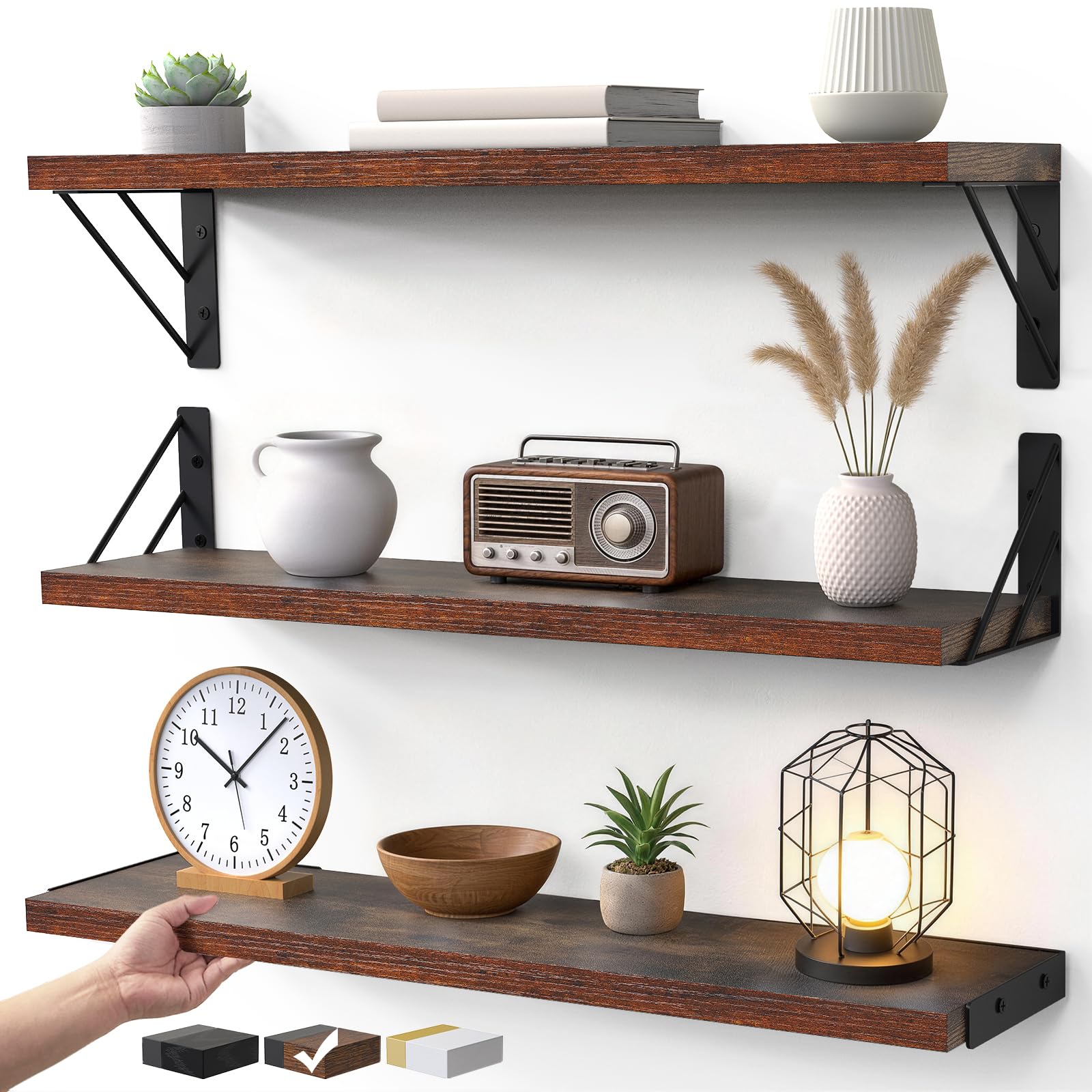 Bayka 23 inch floating wall shelf in rustic brown for versatile display of books and decor.