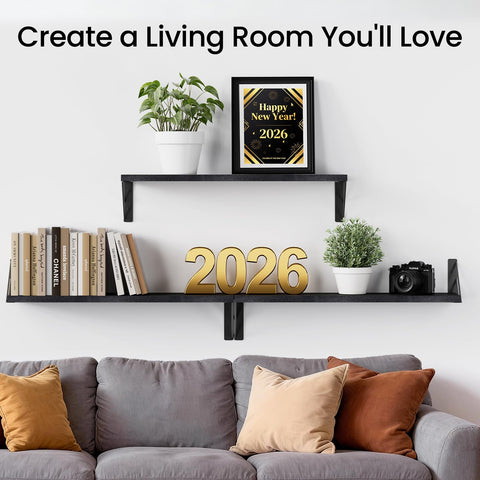 Bayka black wood floating shelves showcasing decor with versatile room appeal.