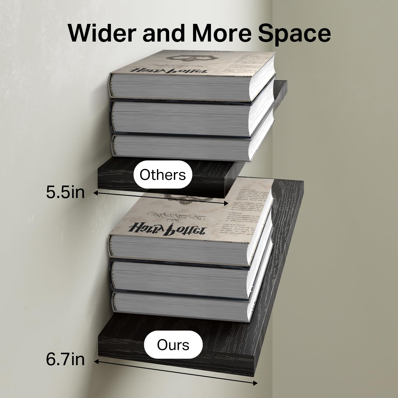 BAYKA shelves show 6.7 inch depth and 22.5 inch width
