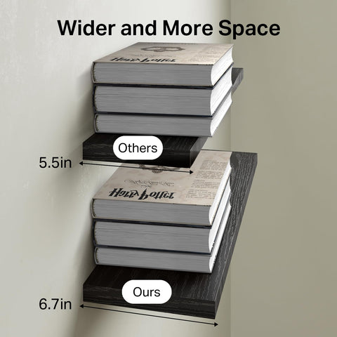 BAYKA shelves show 6.7 inch depth and 22.5 inch width