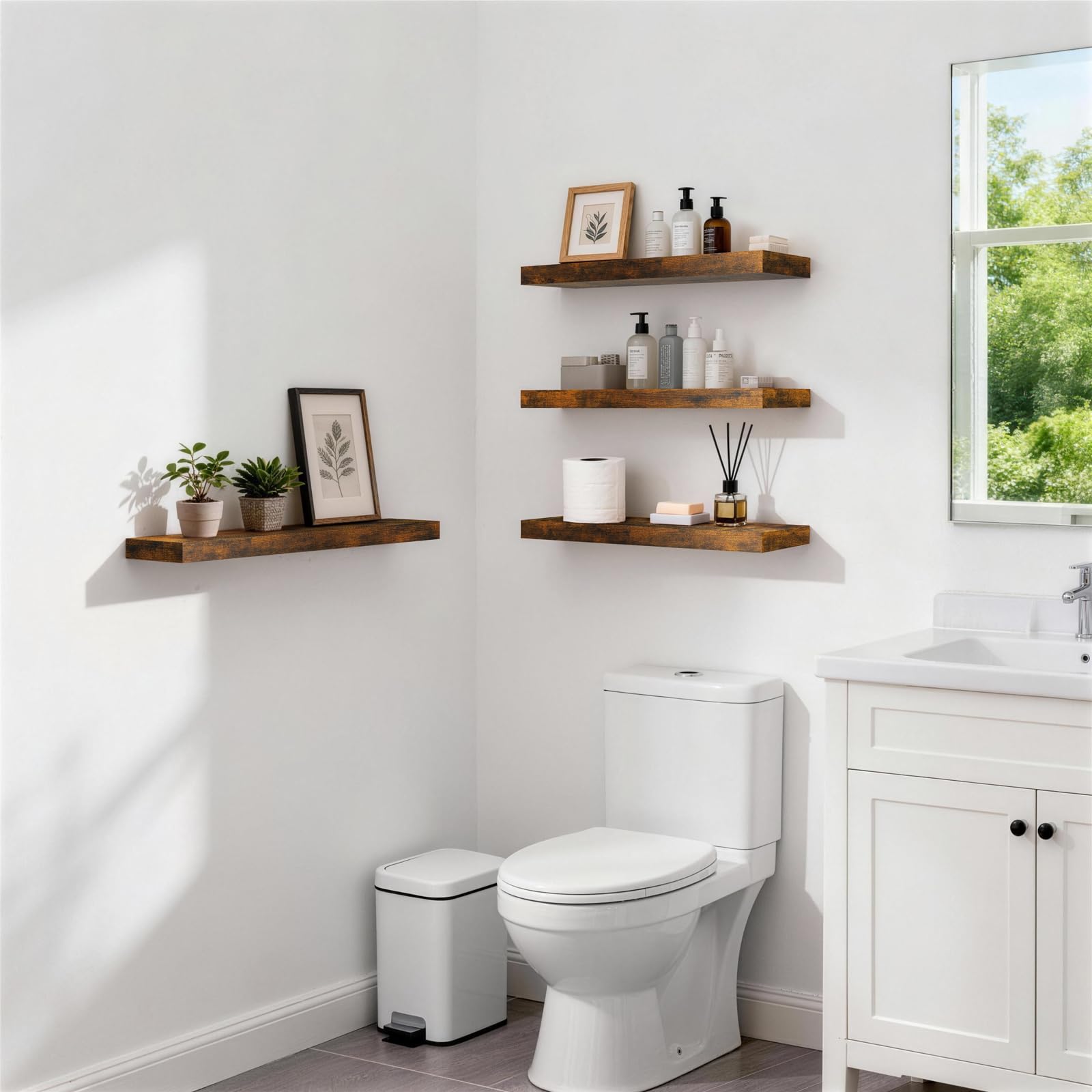 BAYKA farmhouse rustic wood wall shelves installed in a bathroom.