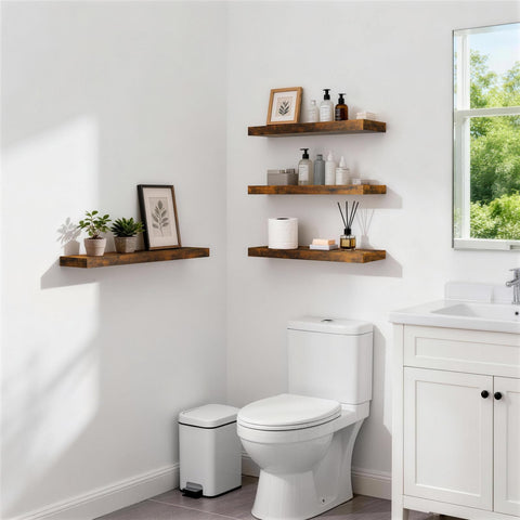 BAYKA farmhouse rustic wood wall shelves installed in a bathroom.