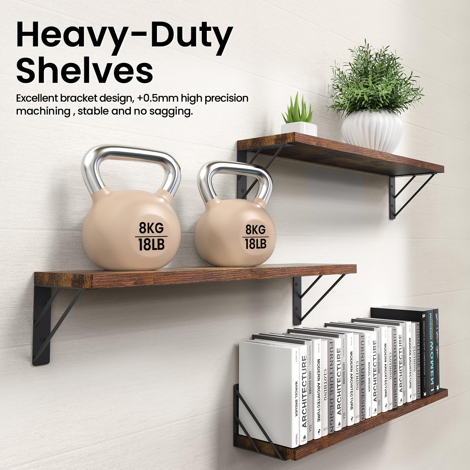 Bayka floating shelf in living room for plants, books, and accents.