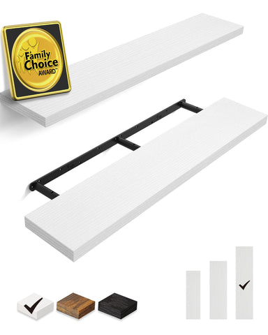 Bayka floating shelves in white finish organize books and decor on the wall.