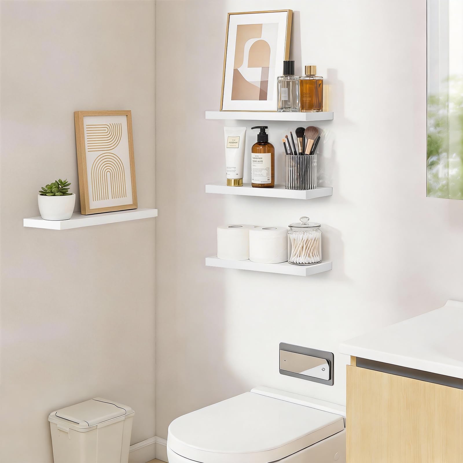Bayka white floating shelves used in a bathroom decor setup