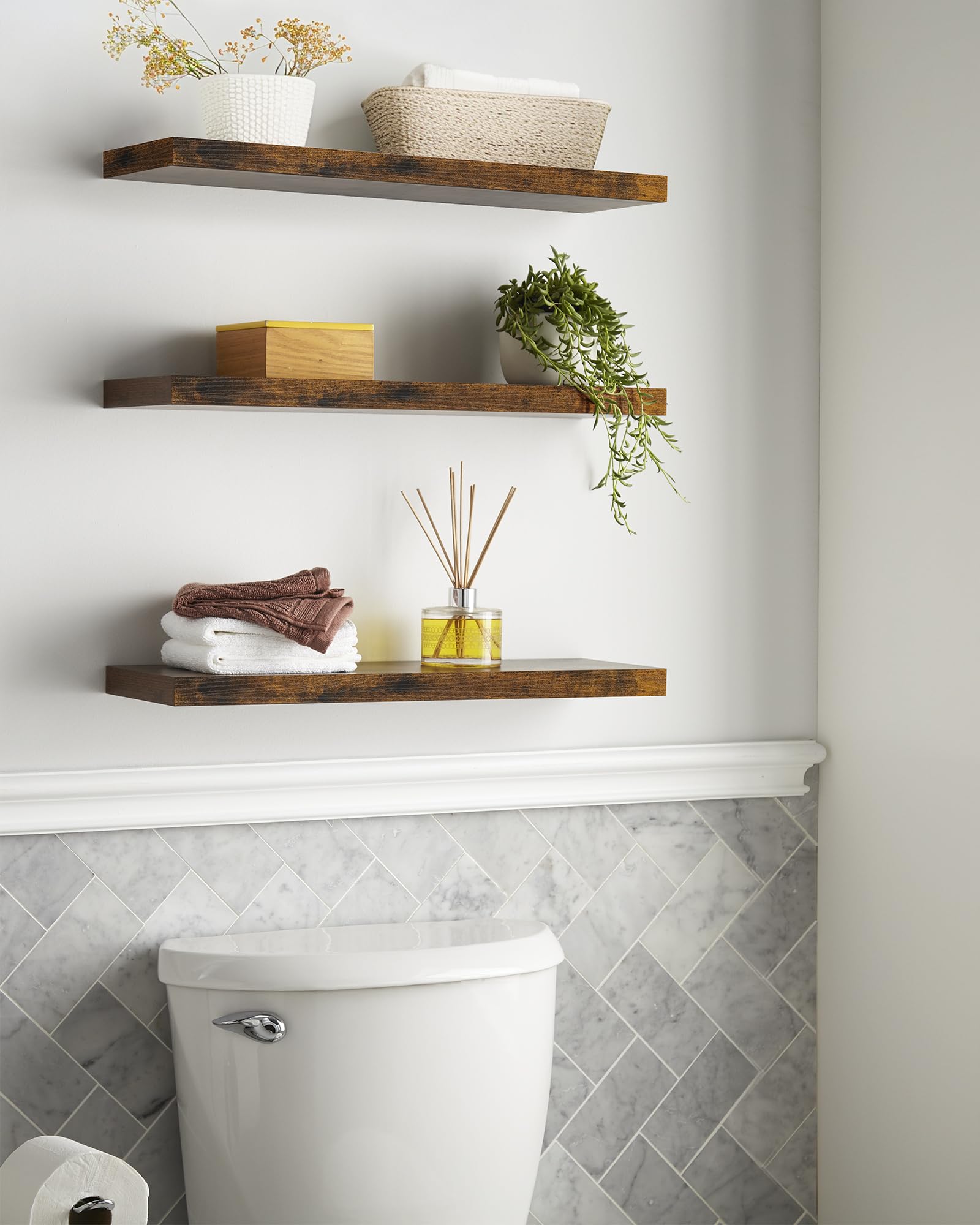 Bayka shelves in bathroom setup emphasize compact storage and quick access.