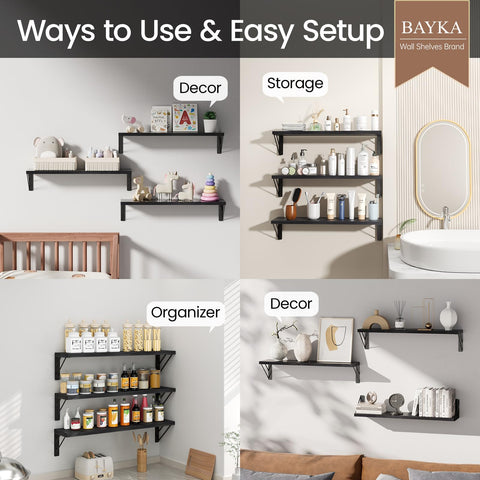 BAYKA floating shelves in black wood on living room wall with books and decor.