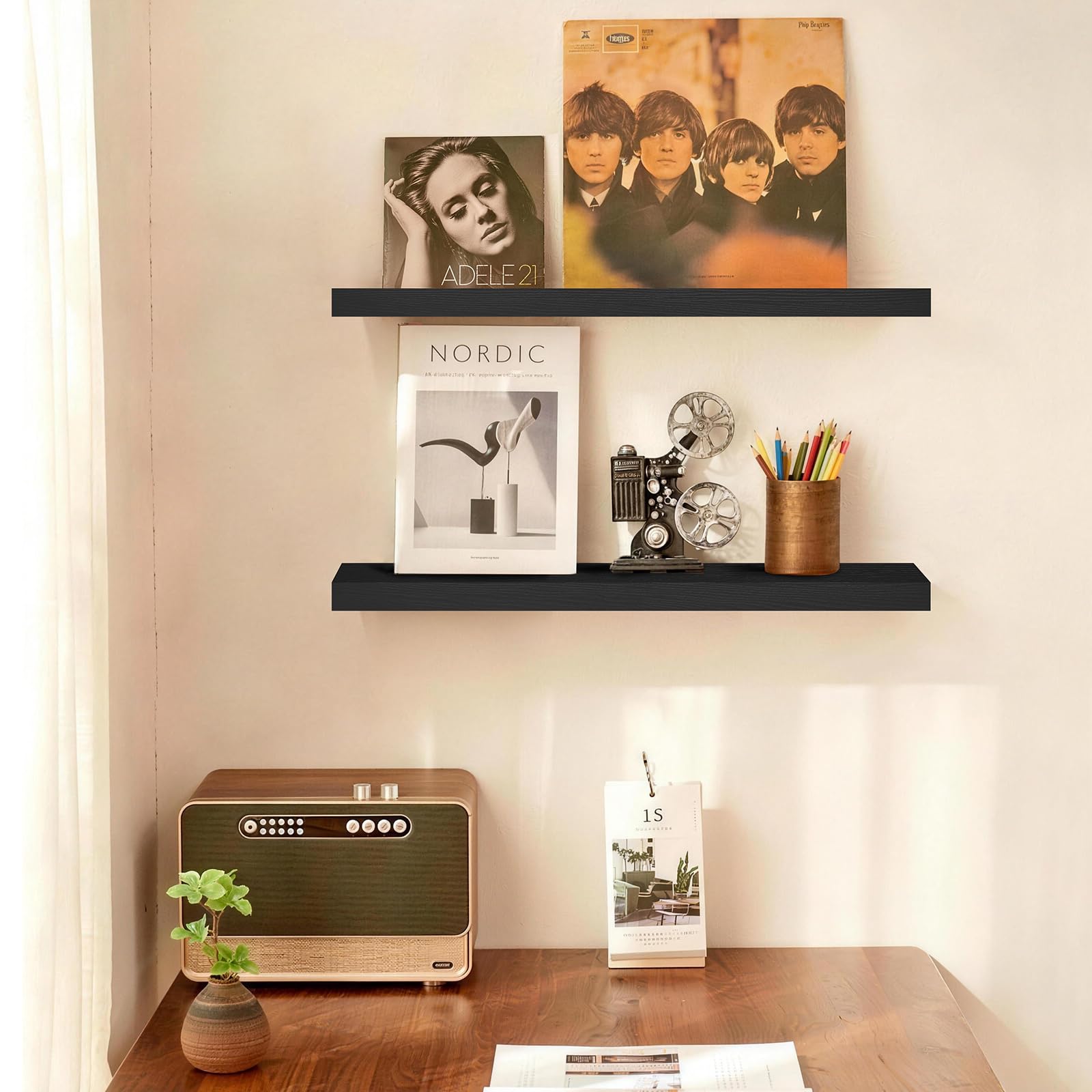 Close-up of BAYKA bracket and wooden shelf support.
