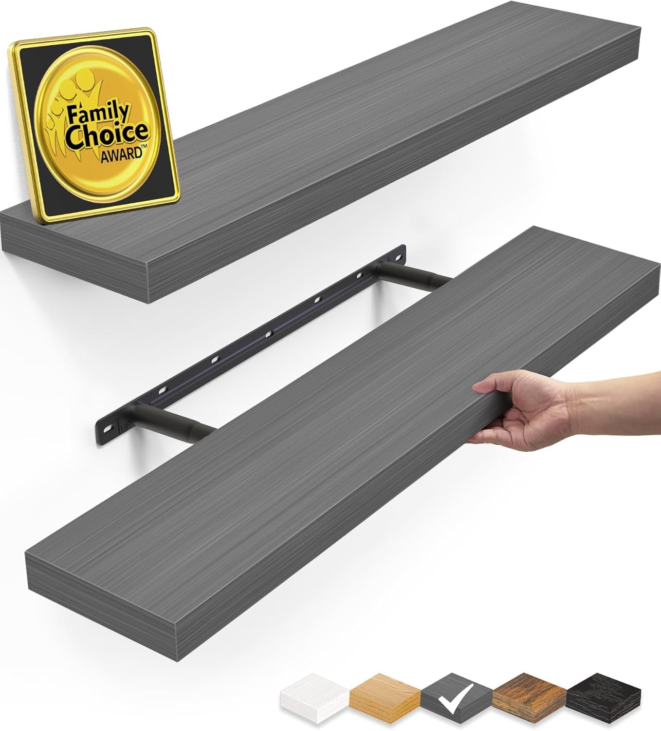 BAYKA floating shelves in grey finish mounted on wall for stylish storage.