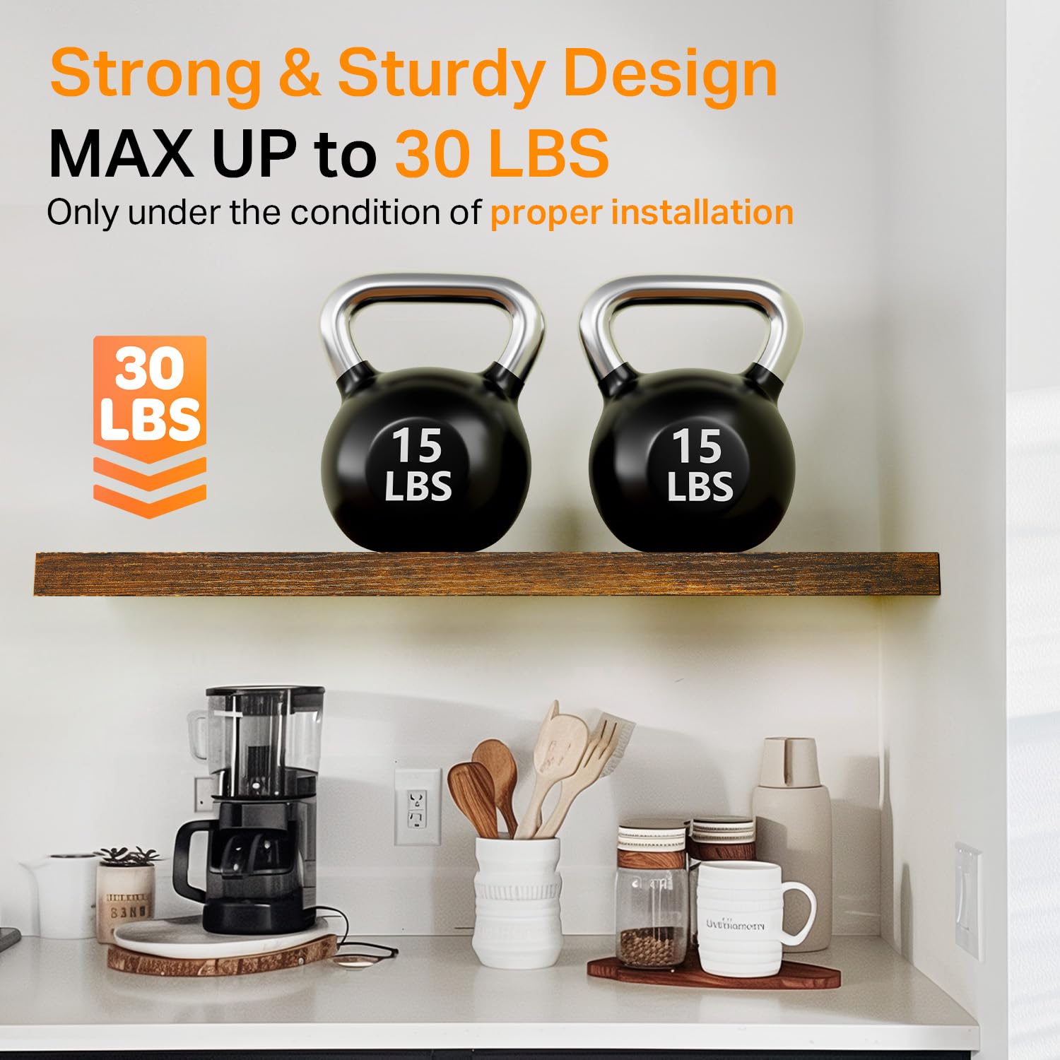 Bayka floating shelves styled with decor in a living room.