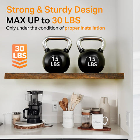 Bayka floating shelves styled with decor in a living room.