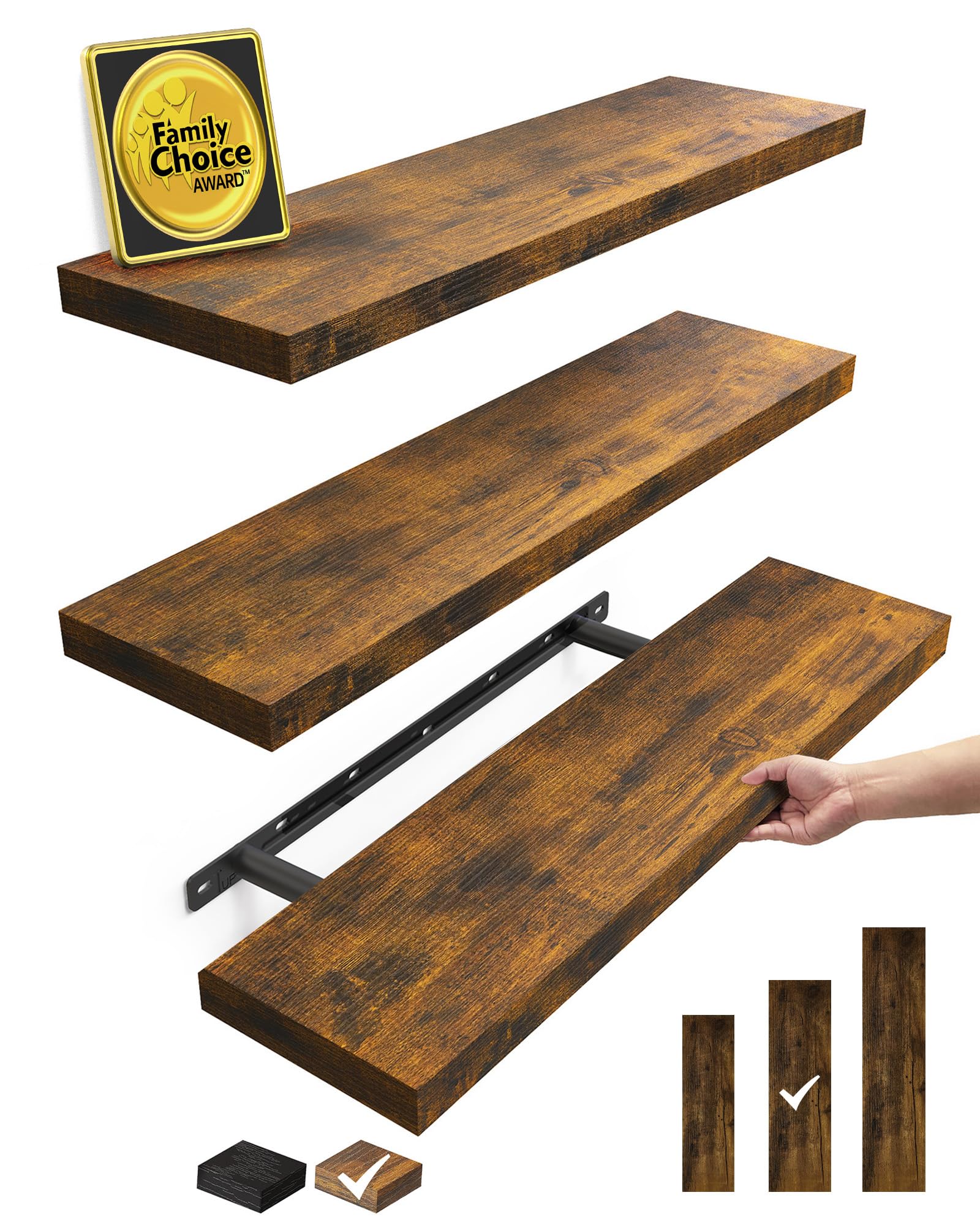 Bayka Floating Shelves set of 3 mounted on wall showcasing organized books and decor.