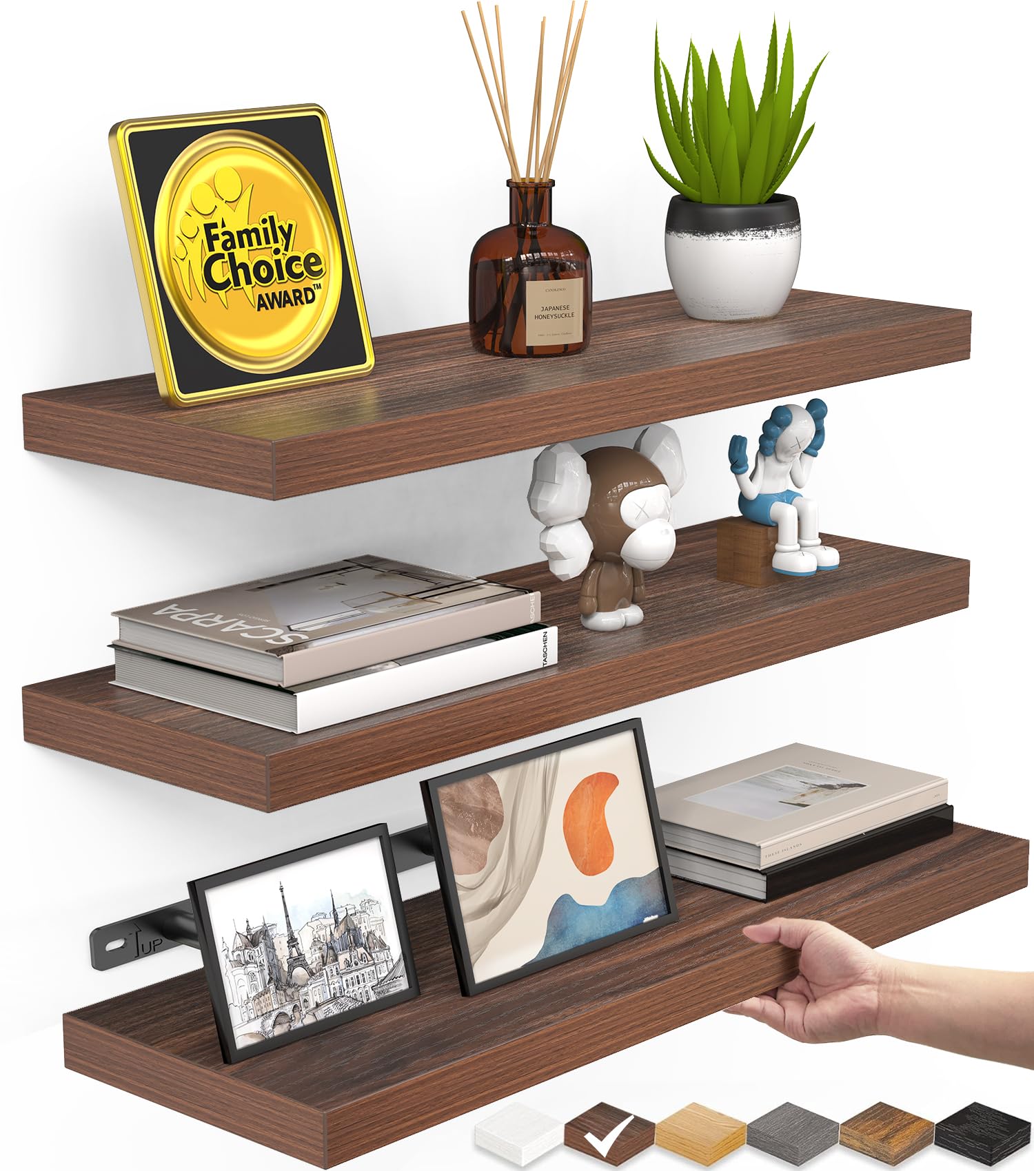 BAYKA floating wall shelves trio in walnut finish for decor and storage