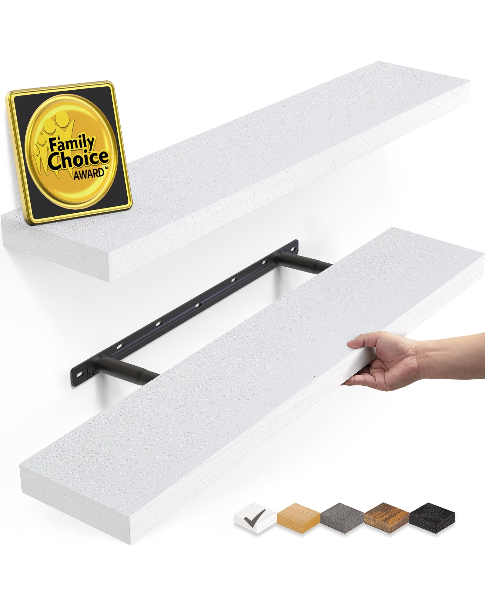 Bayka white floating shelves wall-mounted, ideal for bathroom or living room display.